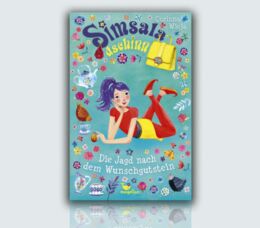 Buchcover von „Simsaladschinn – Die Jagd nach dem Wunschgutstein“: Ein Mädchen in rotem Pulli und Hosen mit gelben Rock liegt vor einem blaugrünen Hintergrund. Am Schriftzug Simsaladschinn hängt eine gelbe Tasche