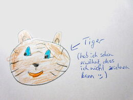 Zeichnung von einem lachenden Tigergesicht. Daneben steht: „Tiger – hab ich schon erwähnt, dass ich nicht zeichnen kann :-)“