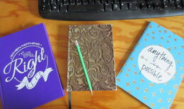 Ein lila, ein goldenes und ein blaues Notizbuch. Auf dem lila Notizbuch steht: „When nothing goes right go left.“ Auf dem blauen Notizbuch steht: „Anything is possible.“ Auf dem boldenen liegt ein grüner Bleistift