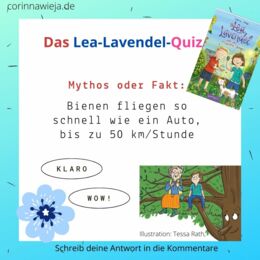 Mädchen und Oma sitzen auf einem Baum vor dem Satz: Mythos oder Fakt: Bienen fliegen so schnell wie ein Auto, bis zu 50 km/Stunde.