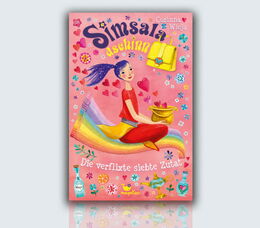 Buchcover von „Simsaladschinn – Die verflixte 7. Zutat“: Ein Mädchen in rotem Pulli und Hosen mit gelben Rock fliegt auf einem Regenbogenteppich vor einem rosa Hintergrund