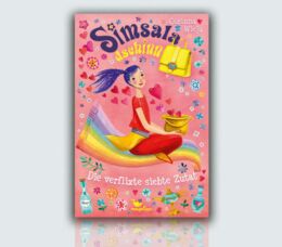 Buchcover von „Simsaladschinn – Die verflixte 7. Zutat“: Ein Mädchen in rotem Pulli und Hosen mit gelben Rock fliegt auf einem Regenbogenteppich vor einem rosa Hintergrund
