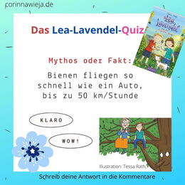 Mädchen und Oma sitzen auf einem Baum vor dem Satz: Mythos oder Fakt: Bienen fliegen so schnell wie ein Auto, bis zu 50 km/Stunde.