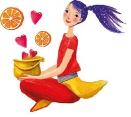 Illustration von Mila Marquis aus dem Buch „Simsaladschinn - Die verflixte siebte Zutat“.  Ein Flaschengeistmädchen mit blauen Haaren hält einen gelben Topf, aus dem Orangenscheiben und Herzen fliegen.