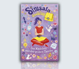 Buchcover von „Simsaladschinn – Das Mädchen aus der gelben Tasche“: Ein Mädchen in rotem Pulli und Hosen mit gelben Rock sitzt vor lila Hintergrund. Am Schriftzug Simsaladschinn hängt eine gelbe Tasche