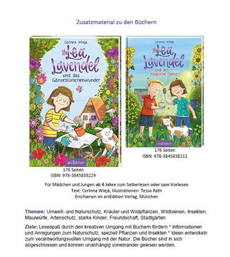 Cover der Bücher „Lea Lavendel und das Gänseblümchenwunder“ und „Lea Lavendel und der magische Honig“, ein Mädchen mit einer Ziege von Blumen umrandet und ein Mädchen und ein Jungen mit einem Glas Honig