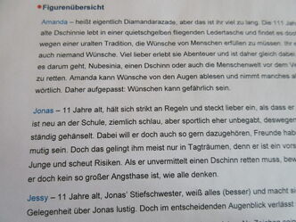 Blatt mit Charakterisierung von Buchfiguren, Alter, Beschreibung, Hobbys