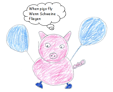 ein gezeichnetes rosa Schwein hängt an zwei blauen Luftballons. In einer Sprechblase steht: „When pigs fly – wenn Schweine fliegen“
